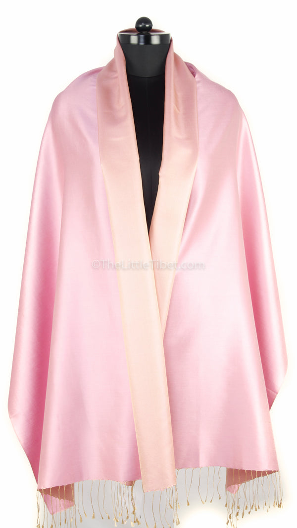Luxury 100% pure silk baby pink cream reversible pashmina shawl draped around shoulders