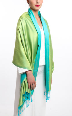 Silk Pashmina Luxury 100% pure silk lime green turquoise reversible pashmina shawl draped around shoulders