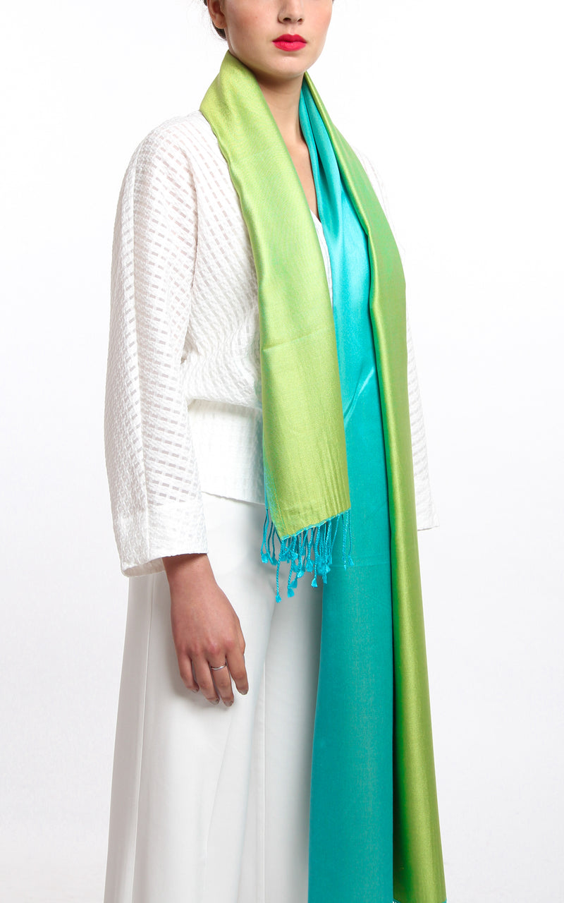 Luxury 100% pure silk lime green turquoise reversible pashmina shawl with tassels