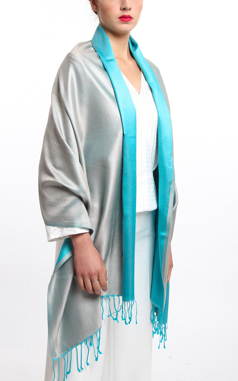Luxury 100% pure silk silver turquoise reversible pashmina draped around shoulders