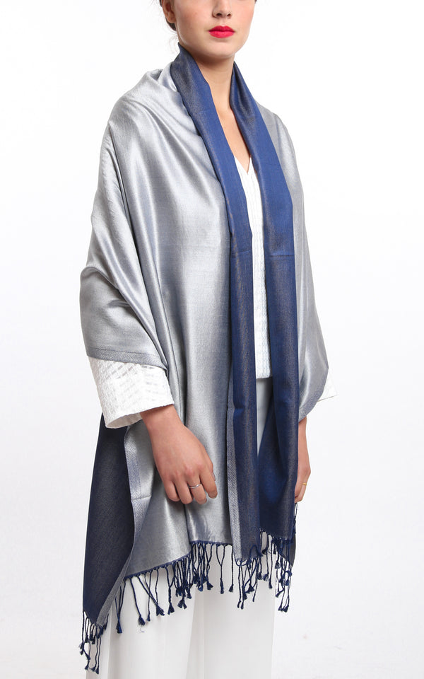 Luxury 100% pure silk bright silver navy blue reversible pashmina draped around shoulders