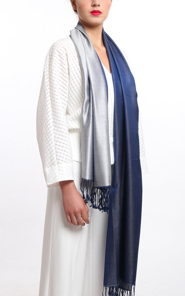 Luxury 100% pure silk bright silver navy blue reversible pashmina with tassels 