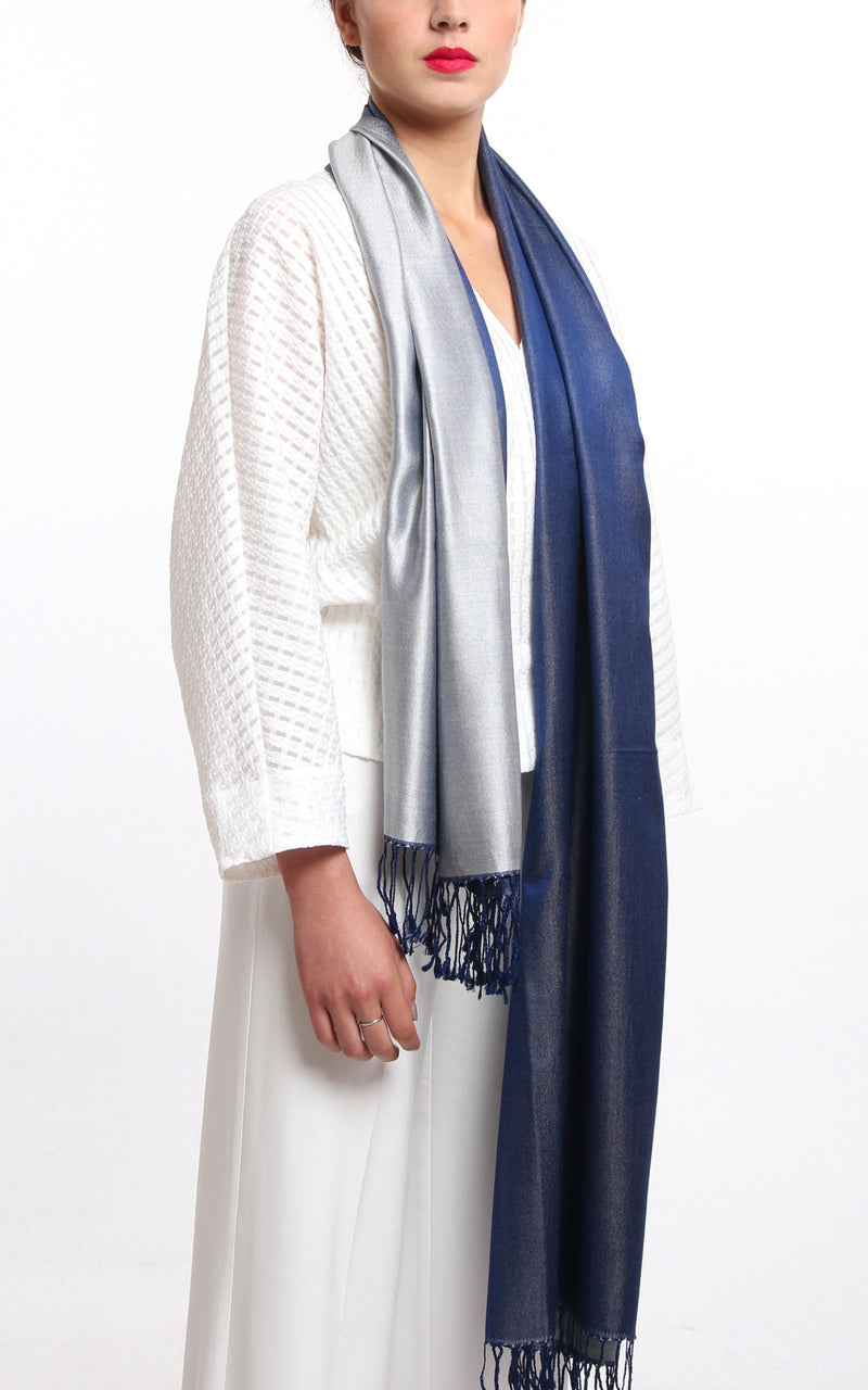 Luxury 100% pure silk bright silver navy blue reversible pashmina with tassels 