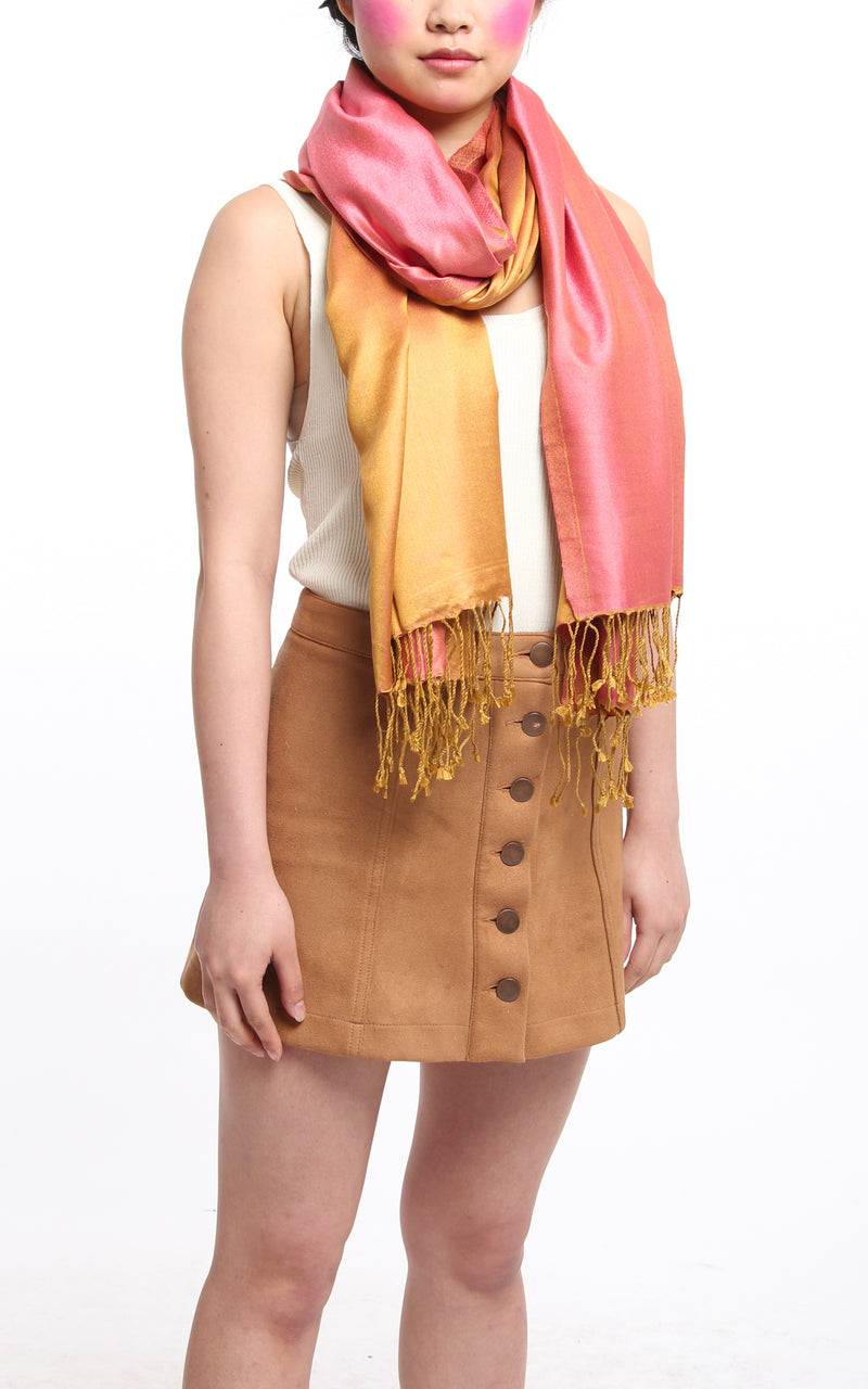 100% pure silk  orange pink reversible pashmina with tassels styled around neck