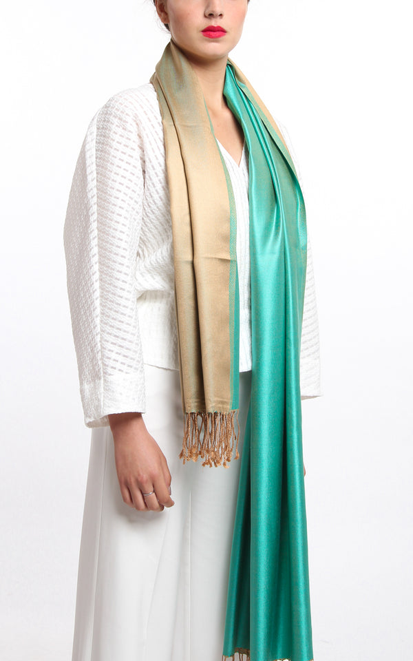 100% pure silk mint green gold reversible silk pashmina with tassels draped around neck