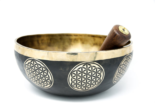 black gold hand crafted lotus Flower of Life Singing Bowl with stick inside