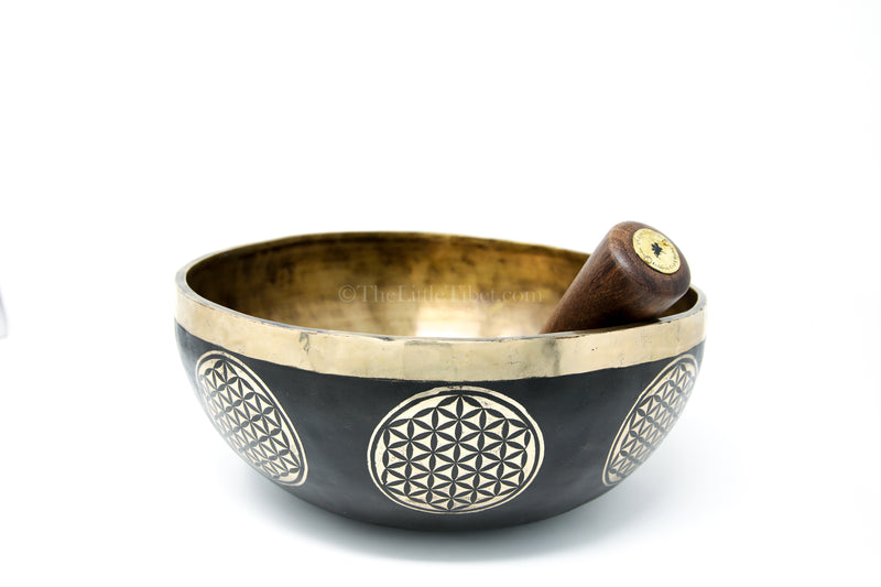 black gold hand crafted lotus Flower of Life Singing Bowl with stick