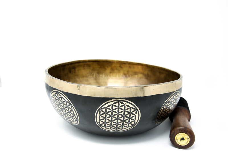 black gold hand crafted lotus Flower of Life Tibetan Singing Bowl 