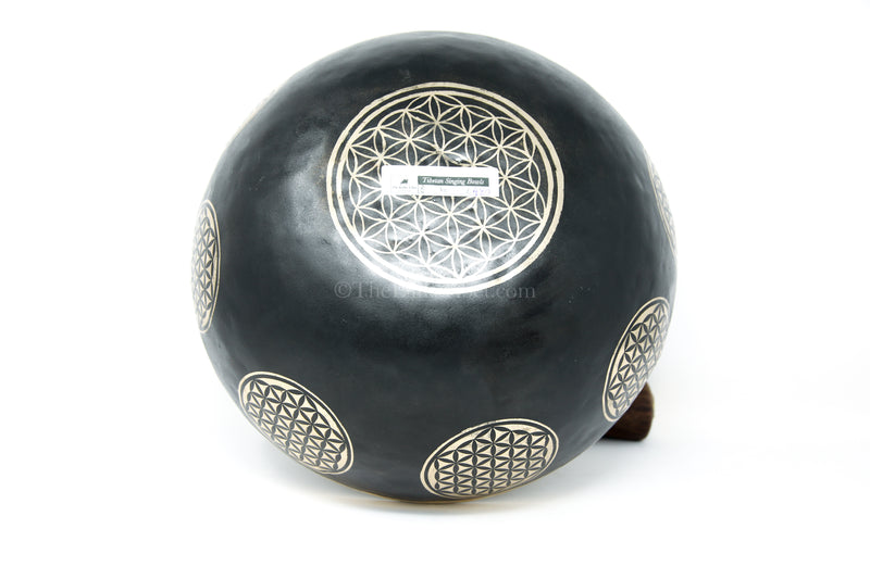 black gold hand crafted lotus Flower of Life Singing Bowl exterior close up