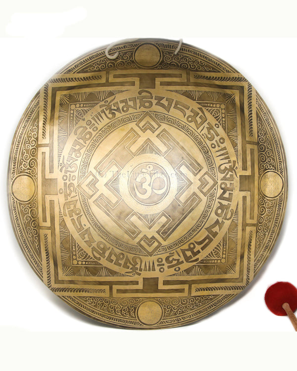 Large Mandala Gong, hand etching of mantra of Buddha of Compassion, The Little Tibet