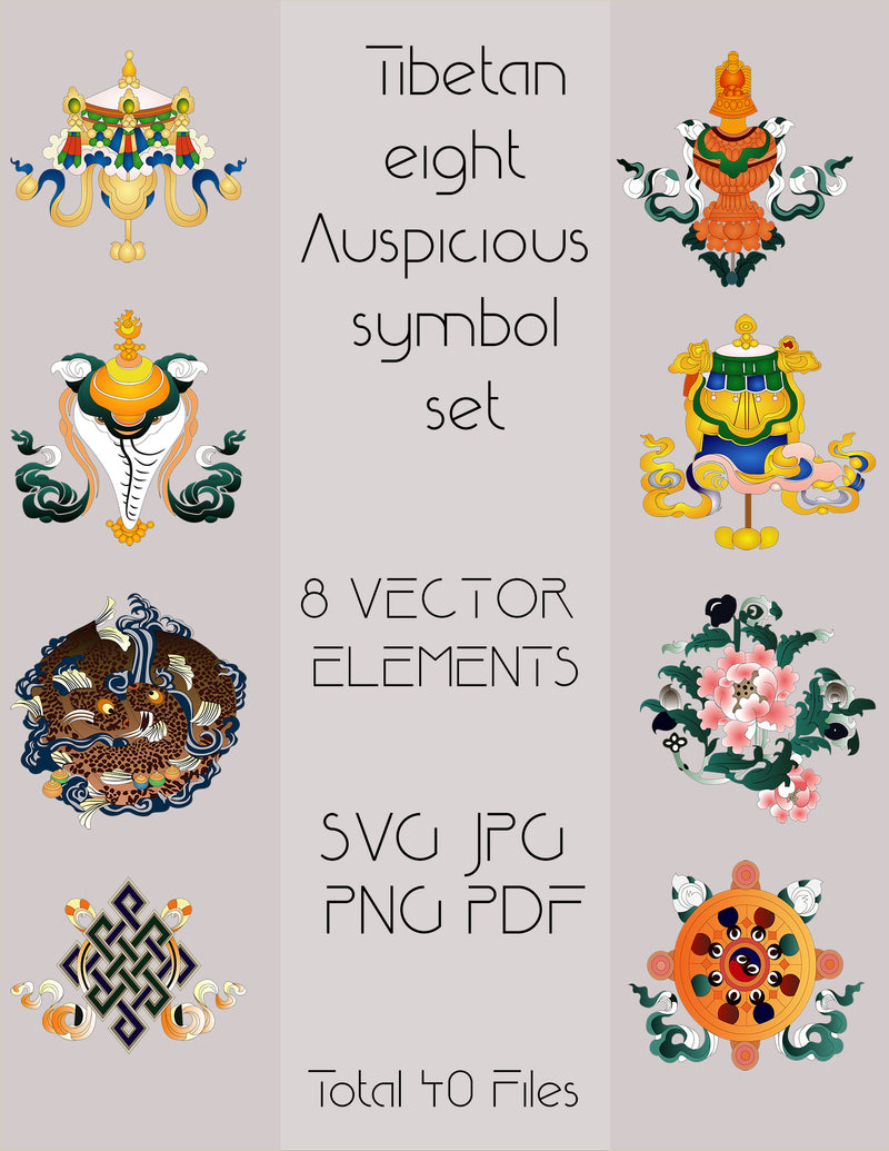 Tibetan Eight Auspicious Symbols, Astamangala - 40 digital elements for your creative work