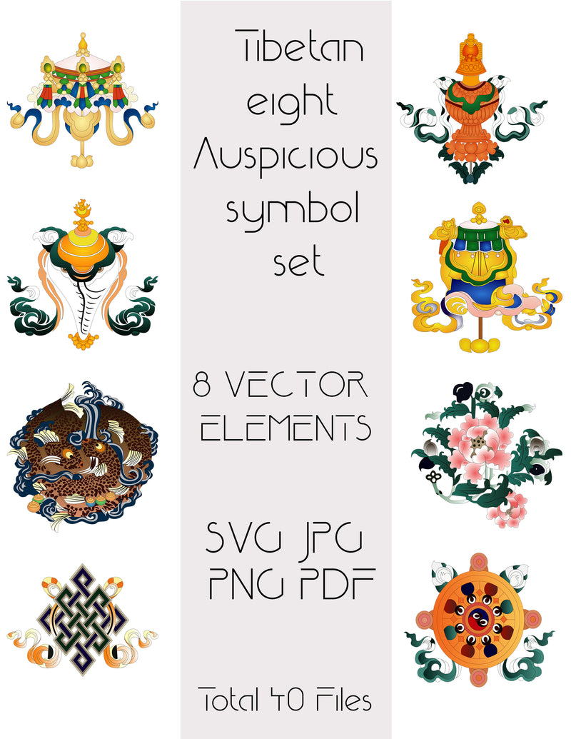 Tibetan Eight Auspicious Symbols, Astamangala - 40 digital elements for your creative work