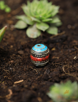 Tibetan Turquoise Coral Resin Brass Inlaid Barrel Beads - E3