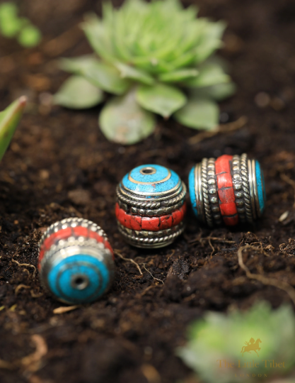 Tibetan Turquoise Coral Resin Brass Inlaid Barrel Beads - E3