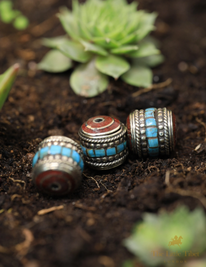 Tibetan Turquoise Coral Resin Brass Inlaid Barrel Beads - E3