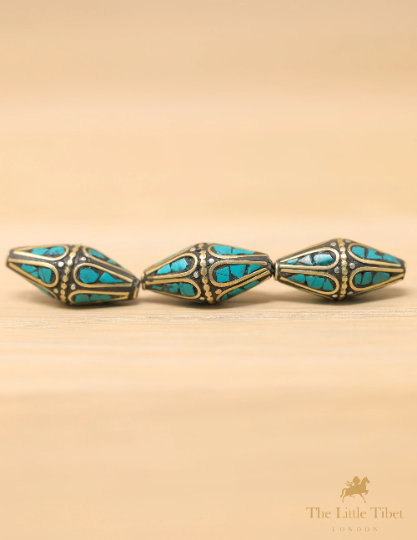 Buddhist Turquoise Inlaid Coral Resin Brass Bicone Beads for Jewellery Making - E11