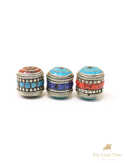 Tibetan Turquoise Coral Resin Brass Inlaid Barrel Beads - E3