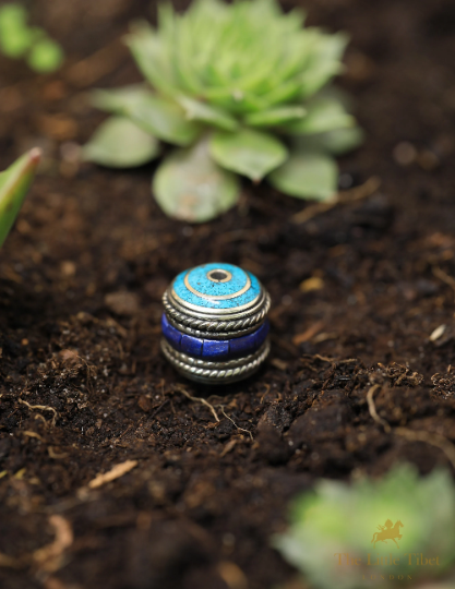 Tibetan Turquoise Coral Resin Brass Inlaid Barrel Beads - E3