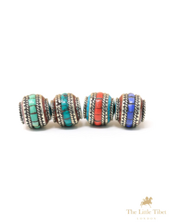 Coral Resin Turquoise Inlaid Brass Tibetan Barrel Beads - E4