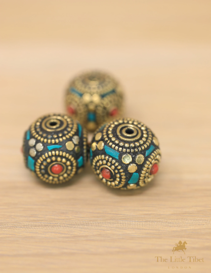 Tibetan Inlaid Turquoise Barrel Beads for Jewellery Making - E8