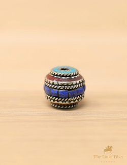 Coral Resin Turquoise Inlaid Brass Tibetan Barrel Beads - E4