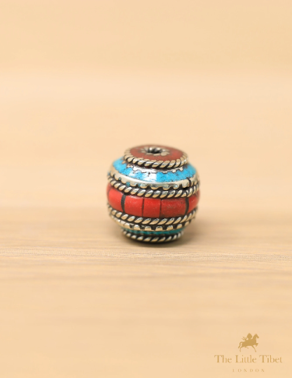 Coral Resin Turquoise Inlaid Brass Tibetan Barrel Beads - E4