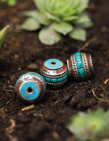 Coral Resin Turquoise Inlaid Brass Tibetan Barrel Beads - E4