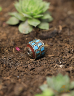 Handmade Turquoise Inlaid Barrel Brass  Beads for Jewellery Making - E5