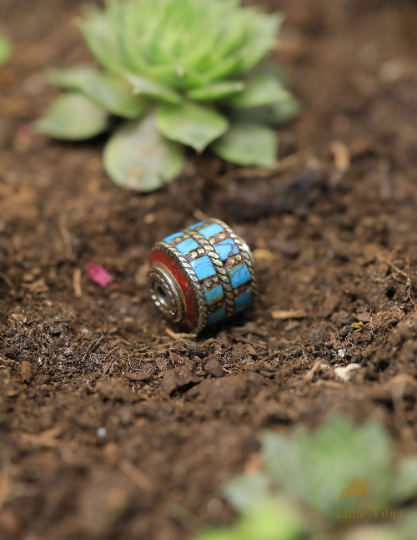 Handmade Turquoise Inlaid Barrel Brass  Beads for Jewellery Making - E5