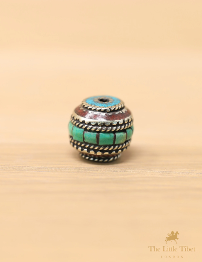 Coral Resin Turquoise Inlaid Brass Tibetan Barrel Beads - E4