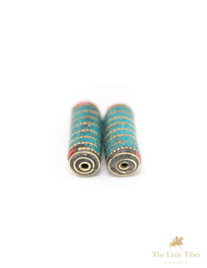 Turquoise Inlaid Brass Tube Beads for DIY Jewellery- E7b