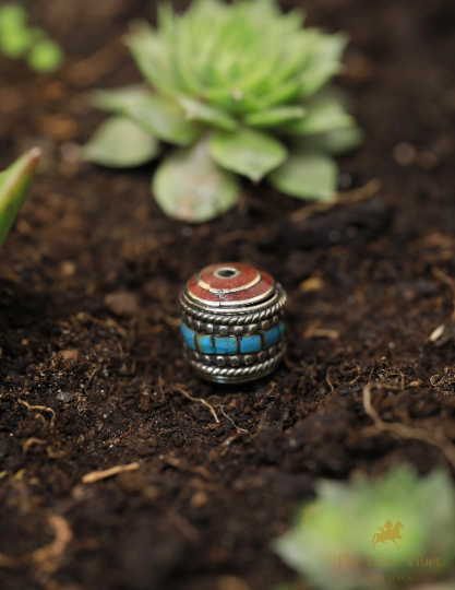 Tibetan Turquoise Coral Resin Brass Inlaid Barrel Beads - E3