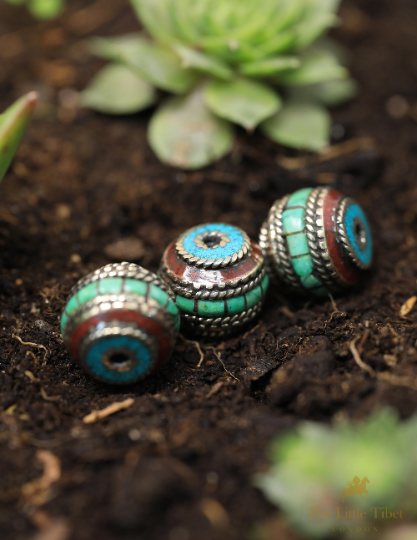 Coral Resin Turquoise Inlaid Brass Tibetan Barrel Beads - E4