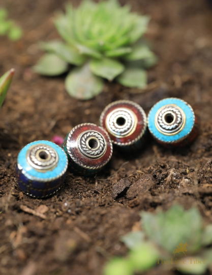 Handmade Turquoise Inlaid Barrel Brass  Beads for Jewellery Making - E5