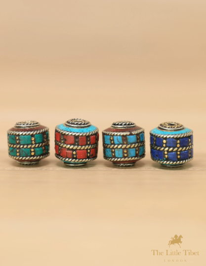 Handmade Turquoise Inlaid Barrel Brass  Beads for Jewellery Making - E5