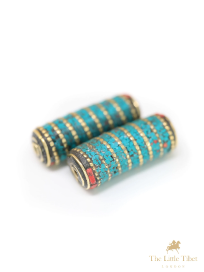 Turquoise Inlaid Brass Tube Beads for DIY Jewellery- E7b