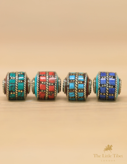 Handmade Turquoise Inlaid Barrel Brass  Beads for Jewellery Making - E5