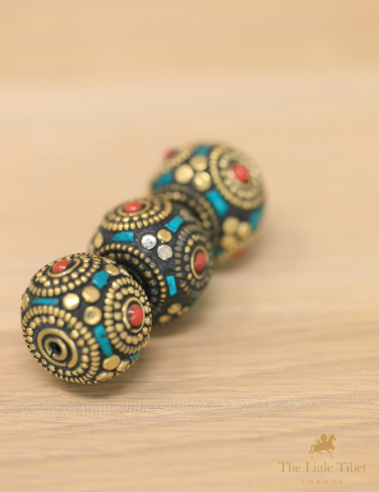 Tibetan Inlaid Turquoise Barrel Beads for Jewellery Making - E8
