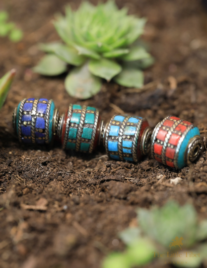 Handmade Turquoise Inlaid Barrel Brass  Beads for Jewellery Making - E5