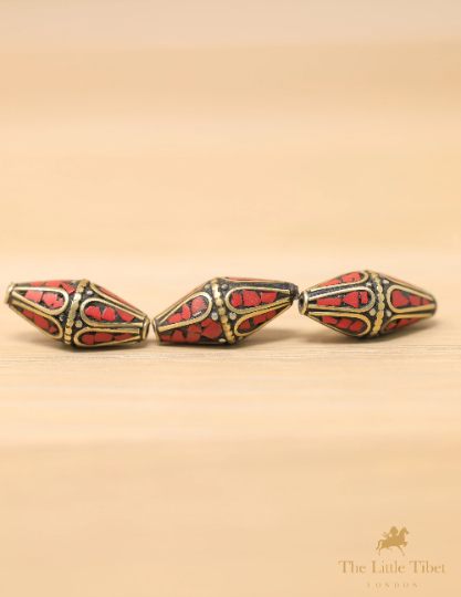 Buddhist Turquoise Inlaid Coral Resin Brass Bicone Beads for Jewellery Making - E11