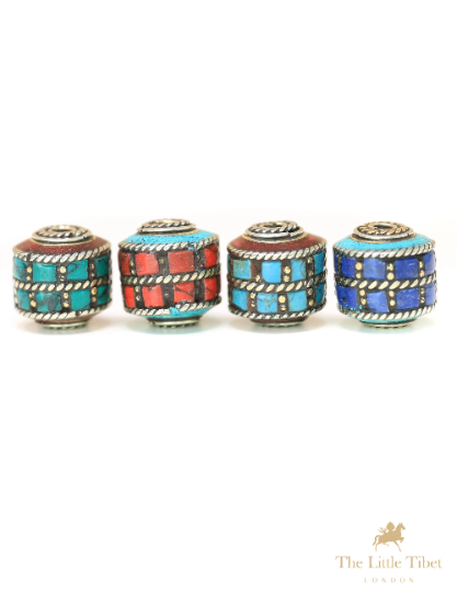 Handmade Turquoise Inlaid Barrel Brass  Beads for Jewellery Making - E5