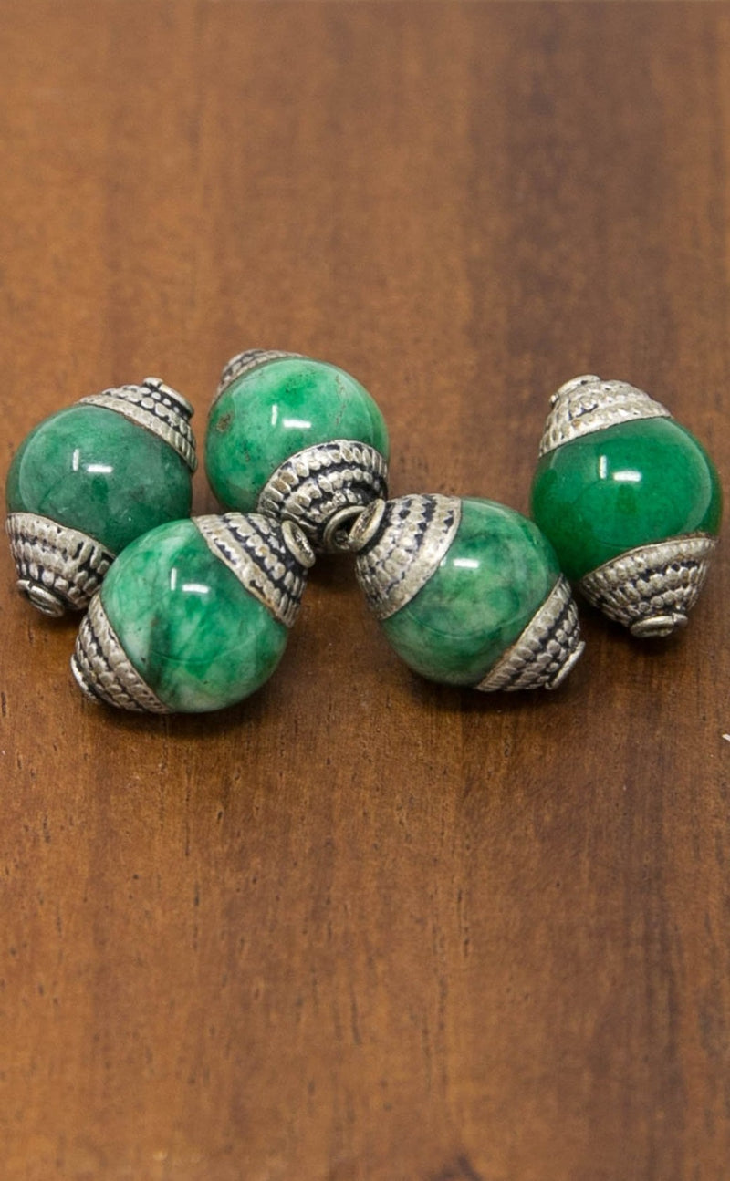 5 Tribal Beads - 13mm Jade Nepal Beads - Capped Antique Spacer Beads - B11/Green - The Little Tibet