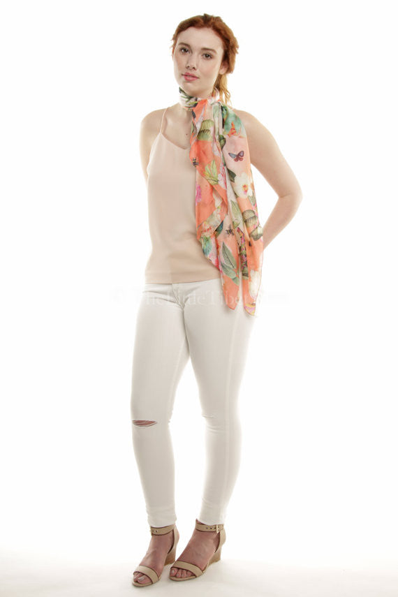 Peachy Floral Silk Square Scarf, The Little Tibet