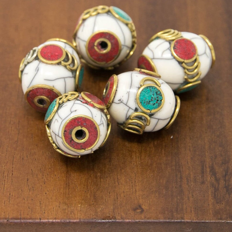 Buddhist Tibetan Focal Tribal White Agate Barrel Bead with Brass Caps - A3