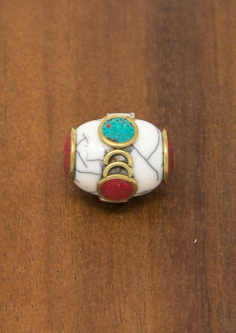Buddhist Tibetan Focal Tribal White Agate Barrel Bead with Brass Caps - A3