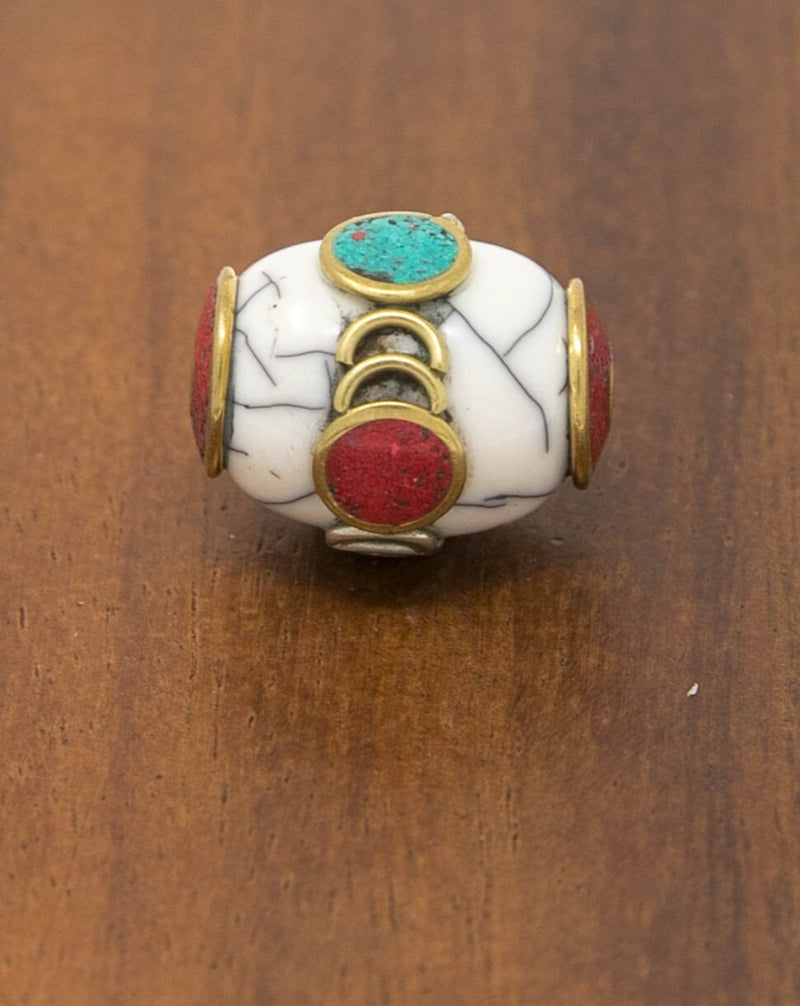 Buddhist Tibetan Focal Tribal White Agate Barrel Bead with Brass Caps - A3