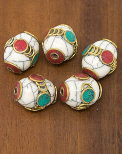 Buddhist Tibetan Focal Tribal White Agate Barrel Bead with Brass Caps - A3