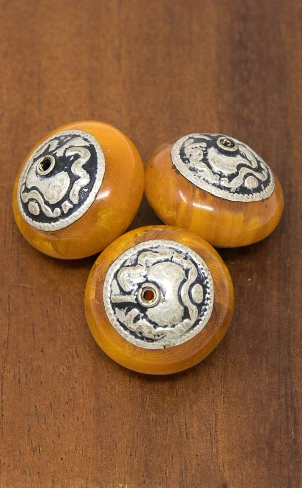 Amber Saucer Tibetan Inlaid Beads - A11