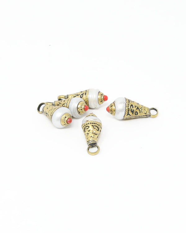 Tibetan Teardrop Pendant Beads – Pearl &amp; Brass (Pack of 5) - B26