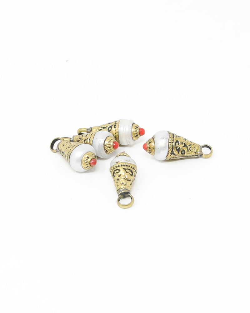 Tibetan Teardrop Pendant Beads – Pearl &amp; Brass (Pack of 5) - B26